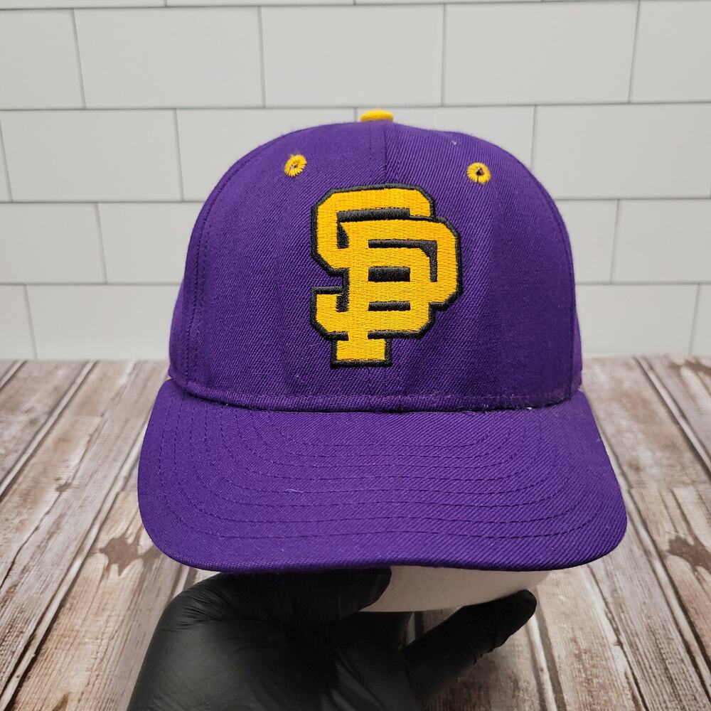 Vintage DeLONG UW Stevens Point  Pointers Fitted Hat 7 1/4 Made USA Purple Gold